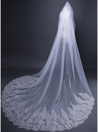 Lace Edge Two Tier Bridal Cathedral Length 118" Wedding Veils With Blusher