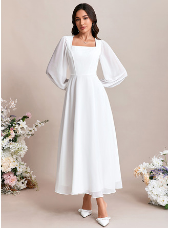 Embroidered Square Long Sleeve A-line Chiffon Maxi Dress 