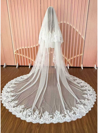 Borda de renda duas camada mantilha véu catedral 300 cm véus de noiva com véu facial