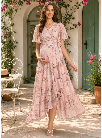 Vestido premamá midi con volantes en cascada de gasa