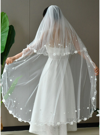 Pearl Scalloped Edge Two Tier Bridal Waltz Length 63" Wedding Veils With Blusher
