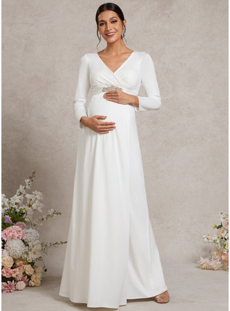 Robes de grossesse trapèze col en v longueur ras du sol jersey avec perles plis nœud 