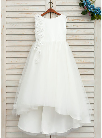 A-Line Asymmetrical Flower Girl Dress - Satin/Tulle Sleeveless Scoop Neck With Beading/Flower(s)/Bow(s) 