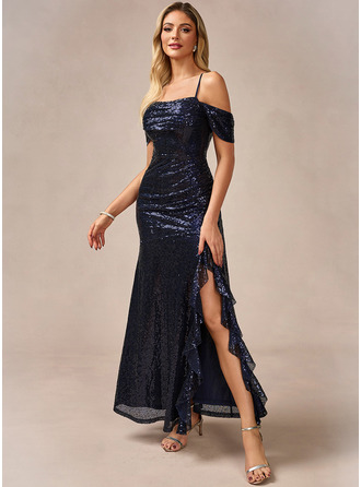Ruffle Cold Shoulder Spaghetti Straps Trumpet/Mermaid Sequin Maxi Dress 