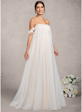 Kjole med A-linje Off-shoulder Gulvlængde Tyl Graviditetskjoler med 3D blomster Perlebesat 