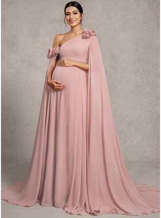 Kjole med A-linje Asymmetrisk Sweep/Brush train Chiffon Graviditetskjoler med 3D blomster Plisseret 