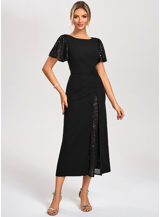 Boat Neck Sleeveless Sheath/Column Stretch Crepe Sequin Asymmetrical Midi Dress 