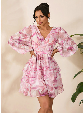 Floral Print Jacquard V-Neck Long Sleeve A-line Chiffon Mini Dress 
