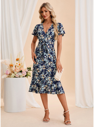 Рябь Со сборками V шеи С коротким рукавом ножны Printed Fabric миди Модные платья 