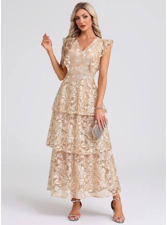 Ниспадающие оборки V шеи A-линии кружевной Макси Модные платья 