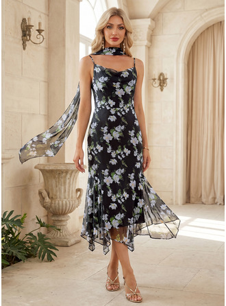 Cowl Floral Print Chiffon Midi Dress