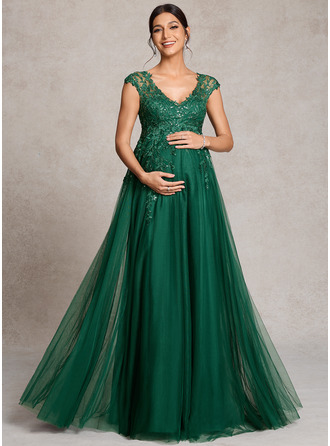 Kjole med A-linje V-hals Illusion Gulvlængde Tyl Blonder Graviditetskjoler med pailletter 