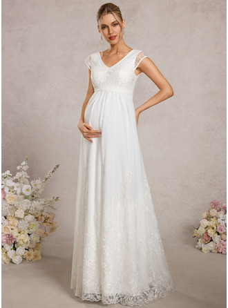 A-line V-Neck Floor-Length Tulle Maternity Dresses