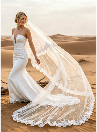Lace Cut Edge Two Tier Bridal Cathedral Length 118" Wedding Veils With Blusher