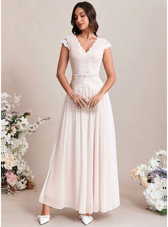 Chain Strap V-Neck Cap Sleeve A-line Chiffon Lace Maxi Dress 