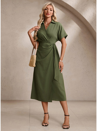 Mit Kragen Kurzarm Etui Baumwollmischungen Midi Kleid 