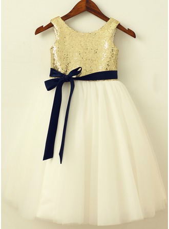 A-Line/Princess Knee-length Flower Girl Dress - Sequined Sleeveless Scoop Neck With Sash 