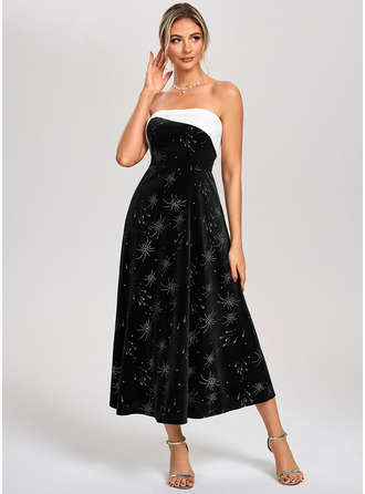 Black and White Straight Strapless A-line Velvet Midi Dress 