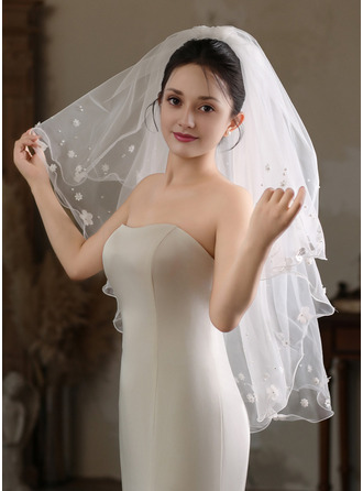 Perlen Blumen Lockiger Rand Zweistufig Hochzeit Kurzer Schleier 80 cm Brautschleier Mit Gesichtsteil 