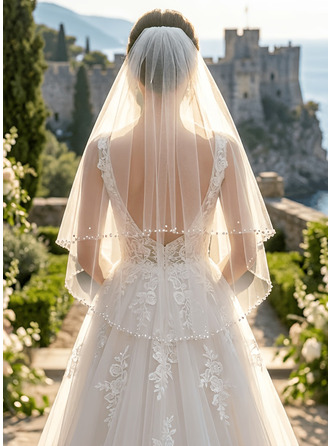 Pérolas borda cortada duas camada casamento véu curto 80 cm véus de noiva com véu facial