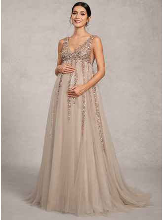 Kjole med A-linje V-hals Sweep/Brush train Paillet Tyl Graviditetskjoler 