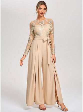 Embroidered Illusion Long Sleeve Jumpsuits Tulle Stretch Crepe Maxi Dress 