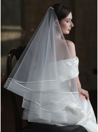 Horsehair Edge Two Tier Bridal Fingertip Length 35" Wedding Veils With Blusher