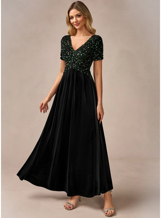 V-Neck Short Sleeve A-line Velvet Sequin Maxi Dress 