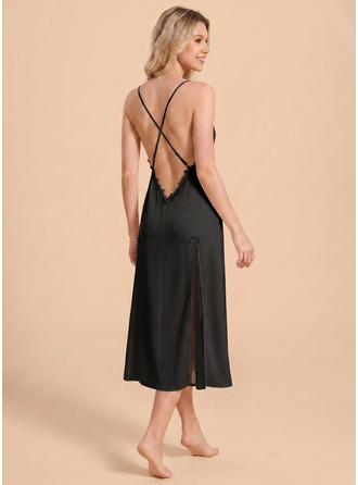 Satin Lace Tulle Elegant Open Back Slip Dress