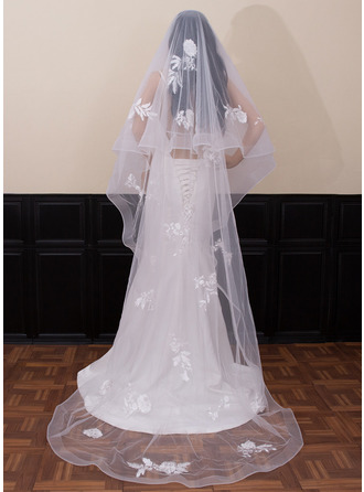 Blumen Rosshaar-Kante Zweistufig Hochzeit Kapellenschleier 230 cm Brautschleier Mit Gesichtsteil 