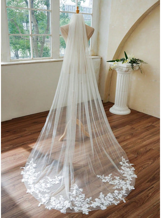 Renda borda cortada uma camada casamento véu capela 250 cm véus de noiva