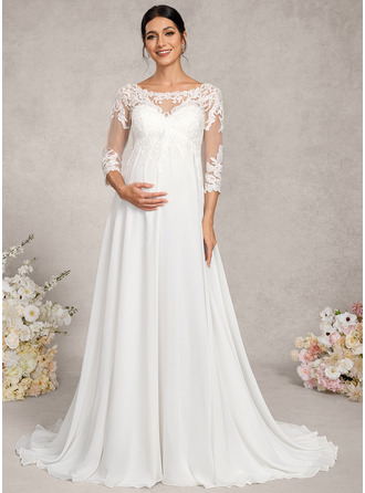 Kjole med A-linje Rund-halsudskæring Illusion Sweep/Brush train Blonder Chiffon Graviditetskjoler 