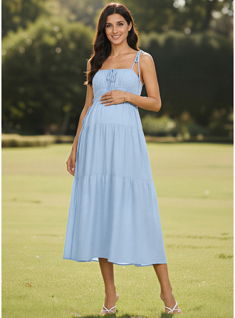 A-линии Площадь Длина ниже колен хлопок с Лук Рябь 