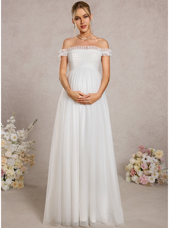 A-line Off the Shoulder Floor-Length Tulle Maternity Dresses With Ruffle