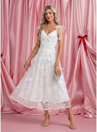 Цветок Лук V шеи безрукавный A-линии Тюль миди Модные платья 