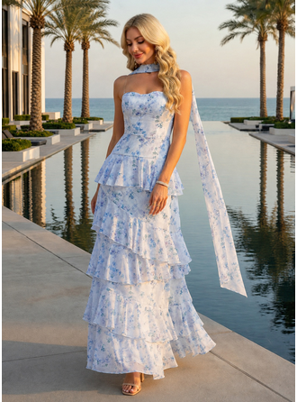 Decote degagê estampa floral chiffon maxi vestido