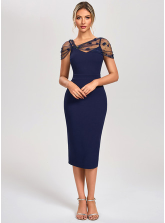 Embroidered Asymmetrical Illusion Cap Sleeve Sheath/Column Tulle Stretch Crepe Midi Dress 