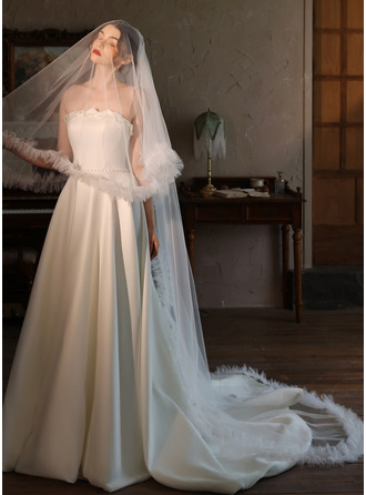 Cut Edge Two Tier Bridal Chapel Length 91" Wedding Veils With Blusher 