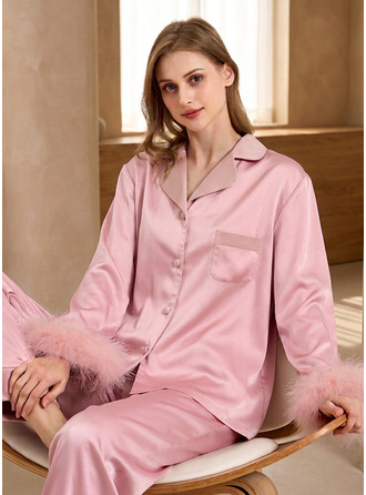 Hautfreundliches Gefüttertes Satin Feder Pyjama Set mit Kragen