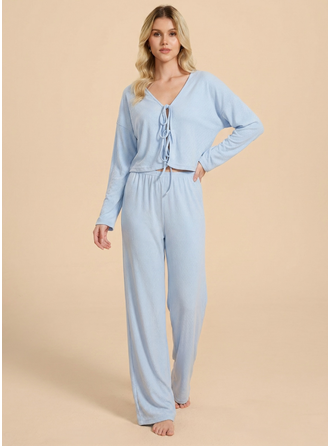 Ensemble pyjama col v lien devant manche longue pantalon long