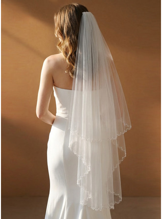 Beading Cut Edge Two Tier Bridal Fingertip Length 39" With Blusher