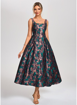 Square Sleeveless A-line Jacquard Midi Dress 