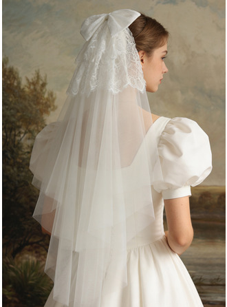 Laço borda cortada duas camada casamento véu curto 85 cm véus de noiva com véu facial