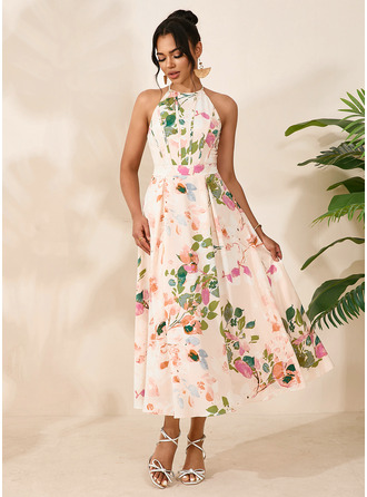 Со сборками недоуздок безрукавный A-линии Printed Fabric миди Модные платья 