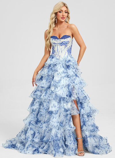 Robe de bal princesse col cœur traîne balayage organza avec plissée appliques de dentelle 