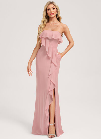 Trumpet/Mermaid Straight Floor-Length Chiffon Bridesmaid Dress With Ruffle 