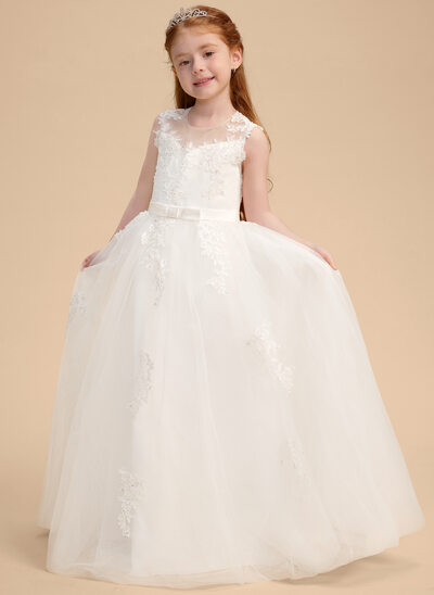 Ball-Gown/Princess Scoop Floor-Length Lace Tulle Flower Girl Dress With Bow Sequins Beading 