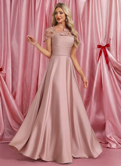 A-line kjole Illusjon Gulvlengde Sateng Festkjole med Profilering 3D-blomster 