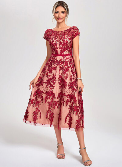 A-line Scoop Tea-Length Lace Tulle Chiffon Cocktail Dress With Sequins 