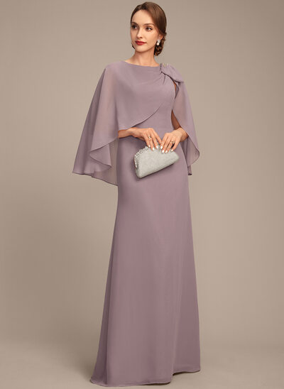A-line Boat Neck Floor-Length Chiffon Mother of the Bride Dress With Bow Pleated Sequins Beading 